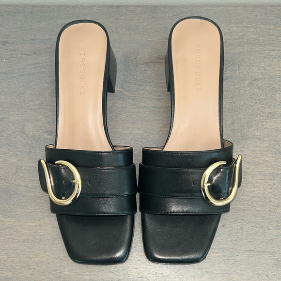 Aerosols: Black and Gold Mules with Gold Buckle: Size 8 - Picture 2 of 6